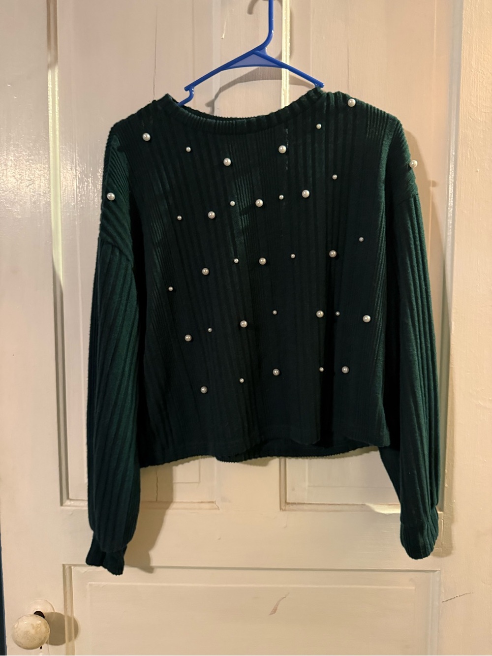 Dark Green Ribbed Sweater with Pearl Embellishments